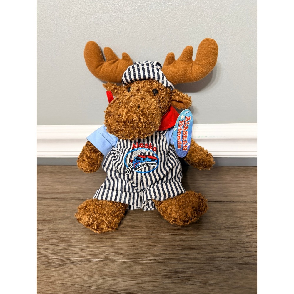 Alaskan Friends Moose‎ Plush Alaska Train Conductor Striped Overalls Hat 12" NWT